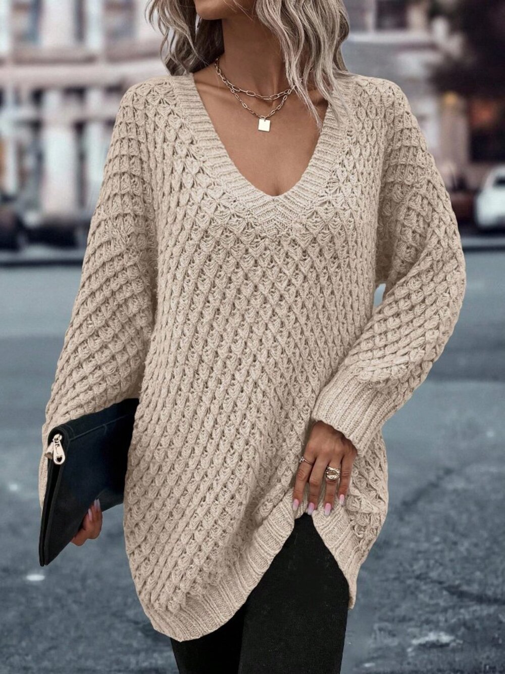 Apricot Casual Women's Drop Shoulder Long Sleeve Loose V Neck Rib-Knit Pullovers